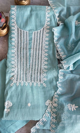 Elegant Soft Mul Chanderi Chikankari Suit with Cut-Dana Detailing & Scalloped Dupatta